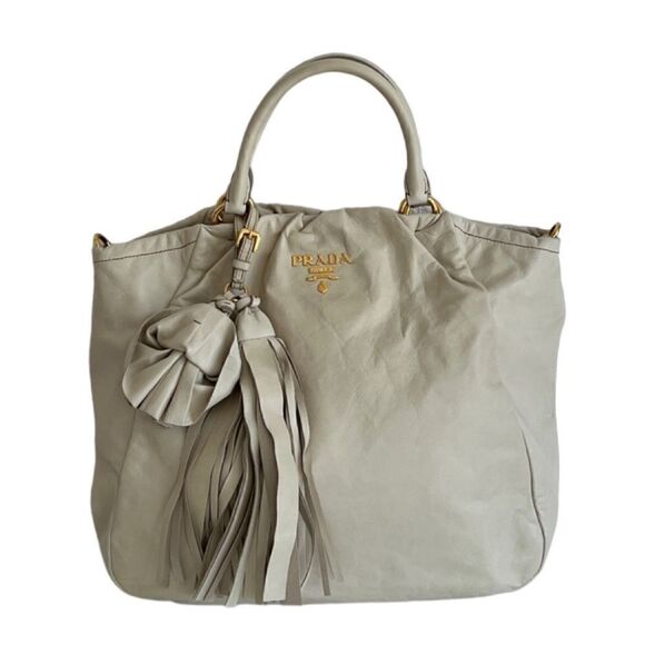 PRADA Vitello Two Way Hobo Beige Fringe Leather Bag - Picture 1 of 15